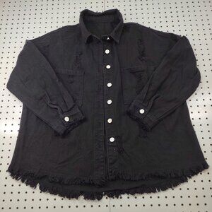 Black Oversized Distressed Jean Shirt Jacket, Size Medium